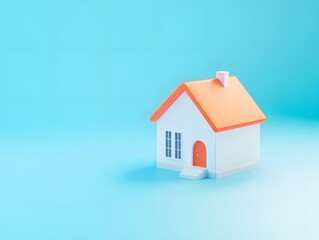 D Minimalist White House with Orange Roof on Blue Background