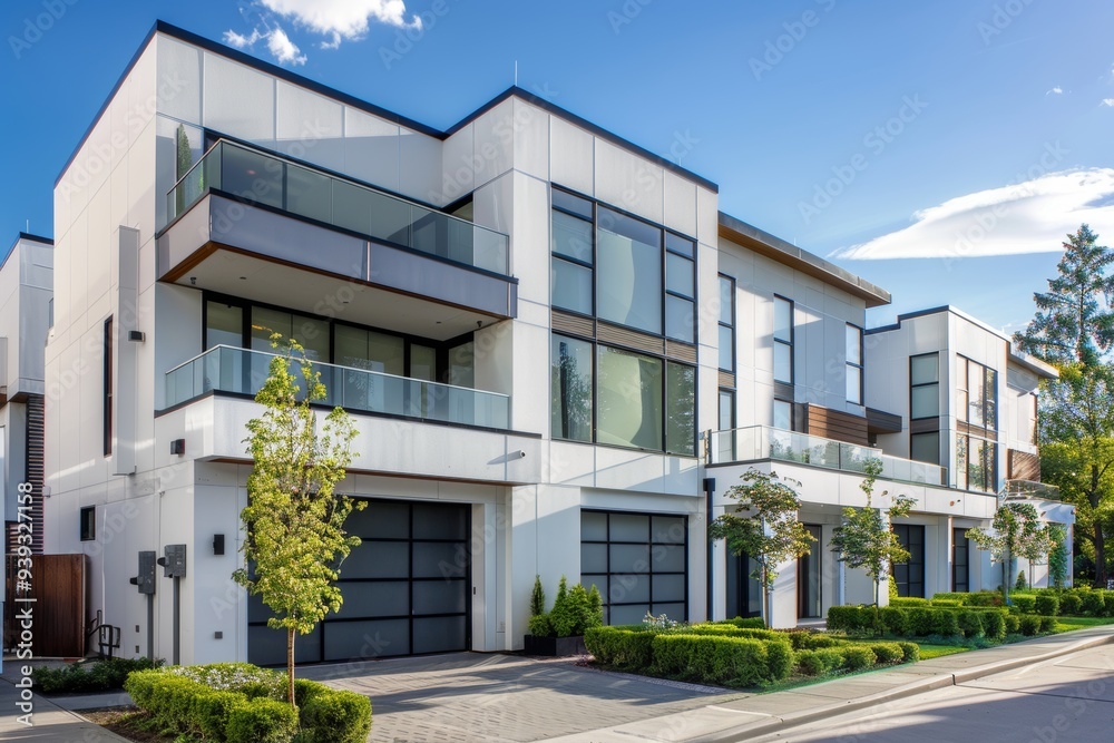 Wall mural This set of modern townhouses boasts stylish architecture, large balconies, and meticulously maintained lawns, offering urban luxury and comfort.