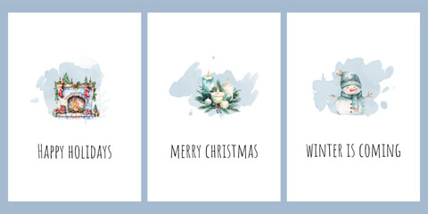 A set of Christmas cards with watercolor drawings and inscriptions. Merry Christmas and New Year cards. Template for postcards and invitations in watercolor style. Vector illustration.