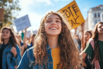 A passionate group of young activists leading a climate strike, with powerful signs and determined expressions.