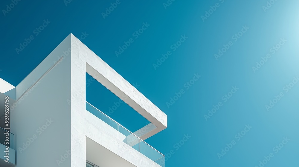 Sticker A striking abstract detail of modern architecture, showcasing clean lines and a minimalist white structure against a vibrant blue sky.