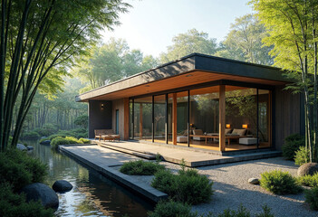 Fototapeta premium Modern Japanese home with sleek design, large windows, and a serene bamboo garden, emphasizing harmony with nature. Perfect for ads. 
