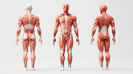 Muscular System with Skin Transparencies: A semi-transparent view of the human body, showing the muscular system beneath the skin for a detailed anatomical study.
