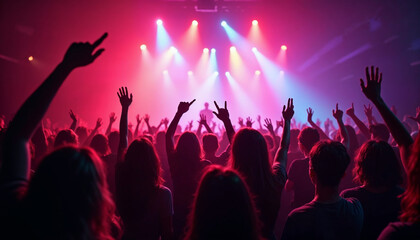 silhouettes of people dancing at a crowded party at midnight, colorful lights and smoke at background	

