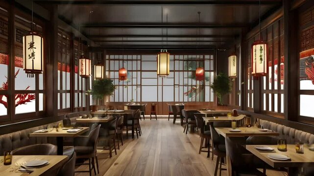 Cafe restaurant in the countryside with a Chinese concept, wooden floors and walls. Seamless 4K looping timelapse video animation background