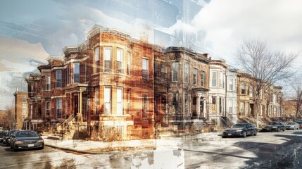 Double exposure of urban architecture featuring historic row houses with vibrant textures and a city street scene.