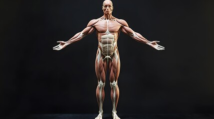 Muscular System with Skin Transparencies: A semi-transparent view of the human body, showing the muscular system beneath the skin for a detailed anatomical study.
