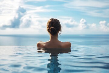 Frau in einem Infinity-Pool mit Blick auf tropische Landschaft und Ozean
