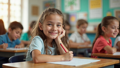 In a bright classroom, an elementary student smiles warmly at their desk, surrounded by engaged classmates in a cozy setting.	
