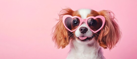 cute dog with heart shaped glasses on pastel background, banner for website design studio, copy space