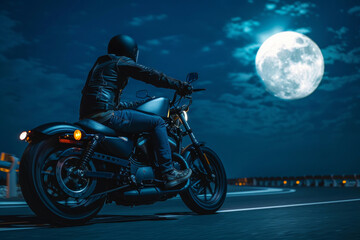 Naklejka premium Motorcyclist riding on highway at night illuminated by bright full moon creating serene and adventurous atmosphere, rider ventures into unknown guided only by moonlight
