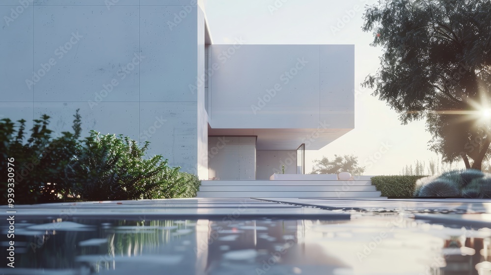 Canvas Prints A minimalist modern house with a flat roof, large windows, surrounded by lush greenery, and reflecting beautifully on an adjacent water feature, embodying simplicity.