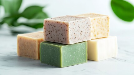 Natural Handmade Soap Bars Stacked on Marble Surface