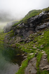 Panoramic views on Lake Balea in the Fagaras Mountains, found in the Carpathians when following the scenic Transfăgărășan road (DN7C), Transylvania, Romania