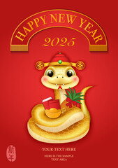 Chinese new year of cute cartoon snake standing holding golden ingot red envelope and pineapple. Chinese translation : New year