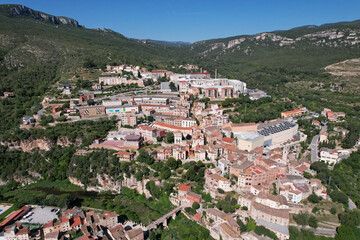 Obraz premium Aerial view of La Riba town on sunny summer day. Tarragona Province, Catalonia, Spain.