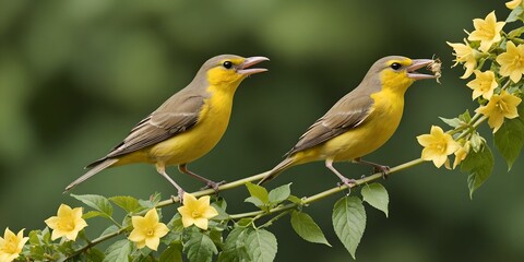 Fototapeta premium a bird perched on a flowering branch. Sublime and touching scene, representing the wonders of nature.