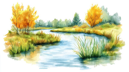 A serene watercolor landscape featuring a tranquil river surrounded by golden autumn foliage and lush greenery isolated on transparent background PNG