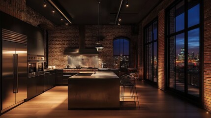 Modern Kitchen with City Skyline View