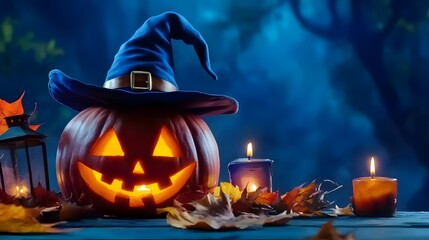 Witch Hat Halloween Pumpkin with Lantern on Blue Background, Spooky Seasonal Decor Concept