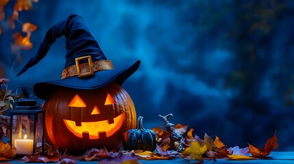 Witch Hat Halloween Pumpkin with Lantern on Blue Background, Spooky Seasonal Decor Concept