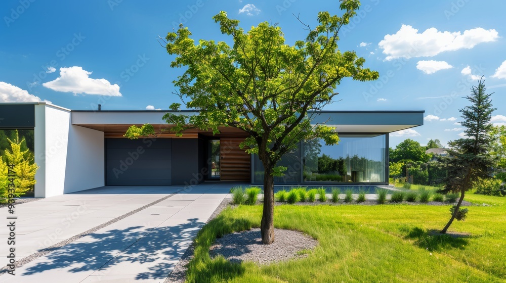 Poster A minimalist single-story modern home featuring a large driveway, lush green lawn, and serene setting under a bright sunny sky, perfect for tranquil living.