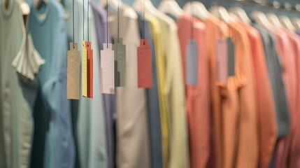 Suspended Tags: Price tags hanging from invisible hooks, suggesting an array of unseen clothing items. 
