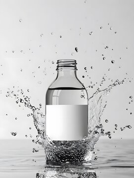 Spritzende Flasche mit leerem Etikett und Wassereffekt auf hellblauem Hintergrund