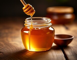 Honey jar placed on a rustic wooden table, with a honey dipper dripping - national honey month celebration