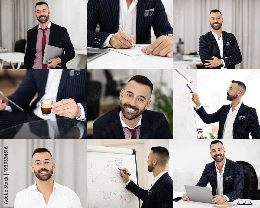 Poster a well-dressed businessman is actively involved in multiple work tasks within a contemporary office 