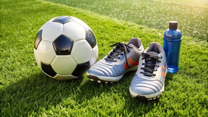 Soccer Ball, Cleats, and Water Bottle on Green Grass