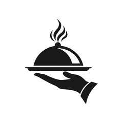 Fototapeta premium Simple vector logo of a hand holding an open platter with food, featuring smoke rising above, set against a white background