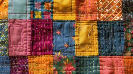 A textured background featuring a colorful patchwork quilt, with various patterns and fabrics stitched together