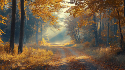 Fototapeta premium peaceful forest path surrounded by golden autumn trees, bathed in warm sunlight at sunrise, creating a tranquil and scenic atmosphere.