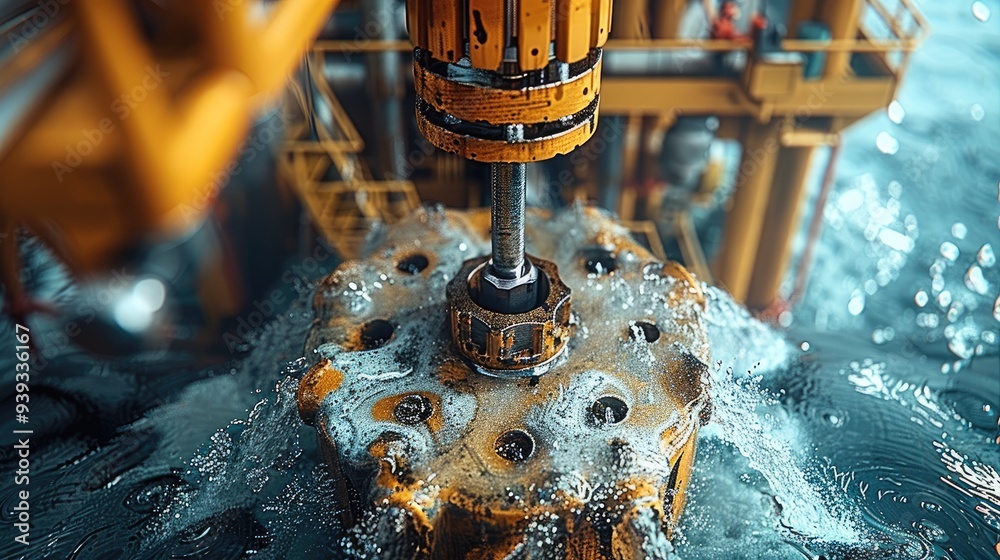 Poster close up of well drilling rig boring down into the earth. generative ai.