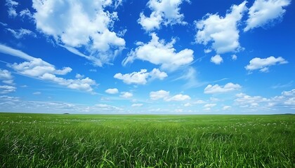 Obraz premium Green field and blue sky with white clouds