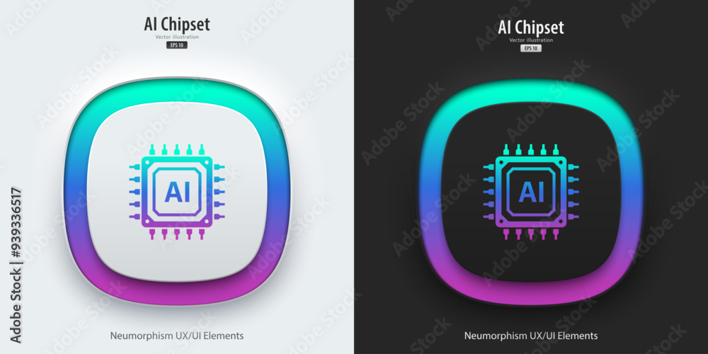Poster AI processor chip icon. A set of buttons with Chip symbols. Artificial intelligence technology concept. Neumorphism style, UI UX design, Vector illustration.
