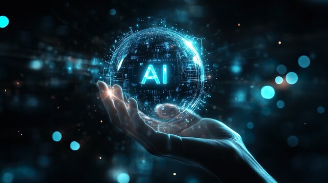 Hand holding a glowing AI sphere symbolizing the power and potential of artificial intelligence.