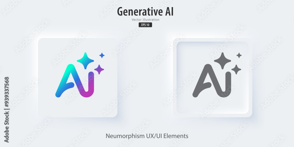 Poster Generate AI icon. A set of 3D buttons active and inactive with icon symbols. Neumorphism style, UI UX design for app and web. Vector illustration.