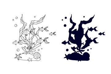 Line sketch,silhouette,stamp of shaggy seaweed with fish and shells.Vector graphics.