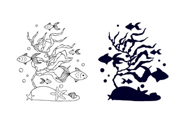 Line sketch,silhouette,stamp of shaggy seaweed with fish and shells.Vector graphics.