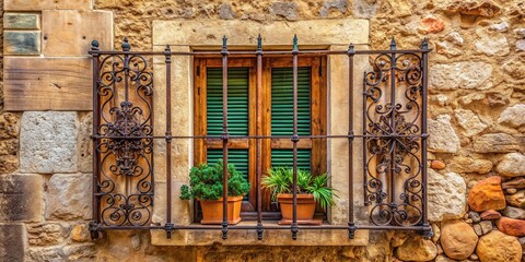 Weathered wooden frame and rustic charm of a traditional Mallorcan window, with worn stone walls and ornate ironwork, evoking a sense of timeless beauty.