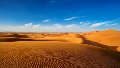 真っ青な空の下、見渡す限り金色の砂丘が広がる広大な砂漠の風景