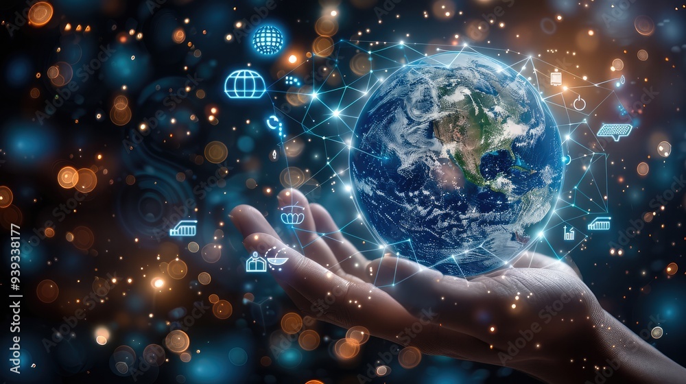 Poster a hand holding the earth, surrounded by floating technology icons, symbolizing the digital world. ge