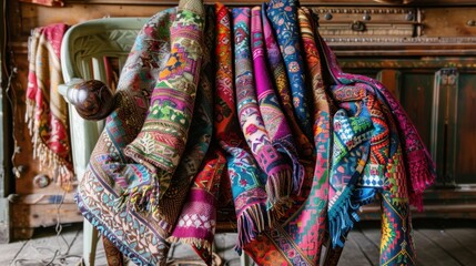 A vibrant collection of scarves in various patterns and textures, draped over a chair
