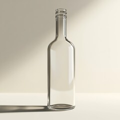 Empty glass bottle on a beige background.