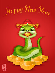 Fototapeta premium Chinese new year of cute cartoon snake holding scroll reel spring couplet and golden ingot. Chinese Translation : New year