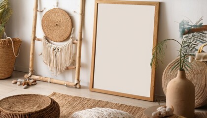Mock up frame close up in home interior background, Boho style, 3d render
