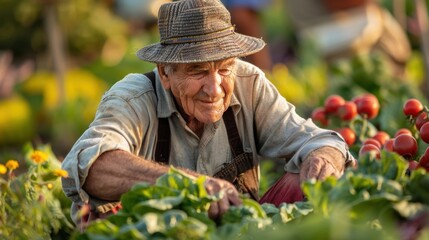 An older man tending to his vegetable garden, carefully harvesting fresh produce