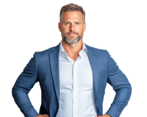 A realistic half-body shot of a businessman with hands on hips, assertive stance, professional attire isolated on transparency background PNG